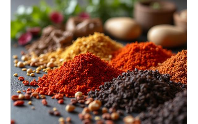 Пряный Импульс의 설립 비전을 표현하는 허브와 향신료 이미지, 한국의 정밀함과 글로벌 전통의 조화